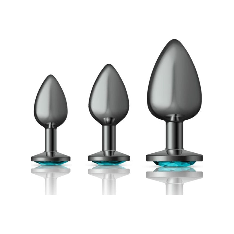 Cheeky Charms Round Metal Butt Plug Gunmetal 3 Pc Kit w Teal Jewel